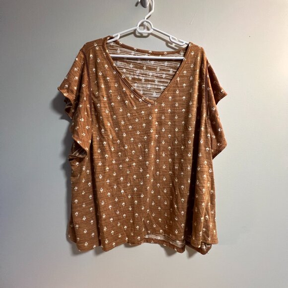 Brown Printed V-Neck Top with Flowy Sleeves – Plus Size - Picture 1 of 3